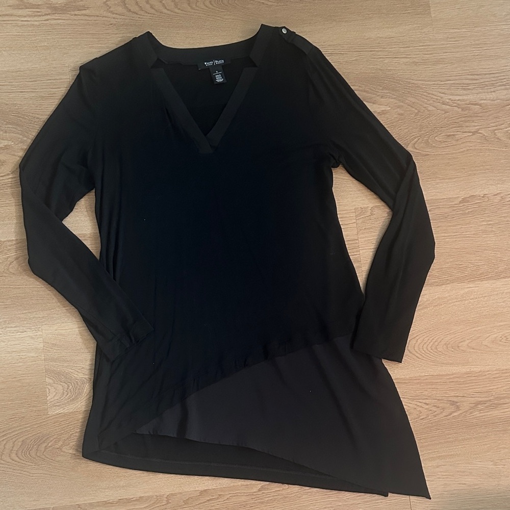 White House Black Market Black V-Neck Asymmetrical Long Sleeve Top